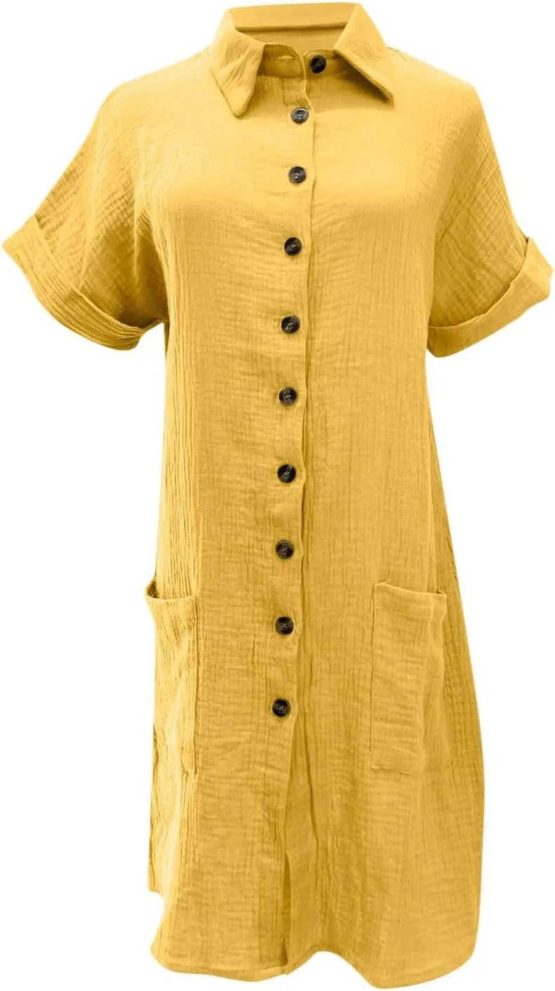 Women's Summer Cotton Shirt Dress Short Sleeves Button Down Knee Length Dresses Casual Loose Mini Dress with Pockets
