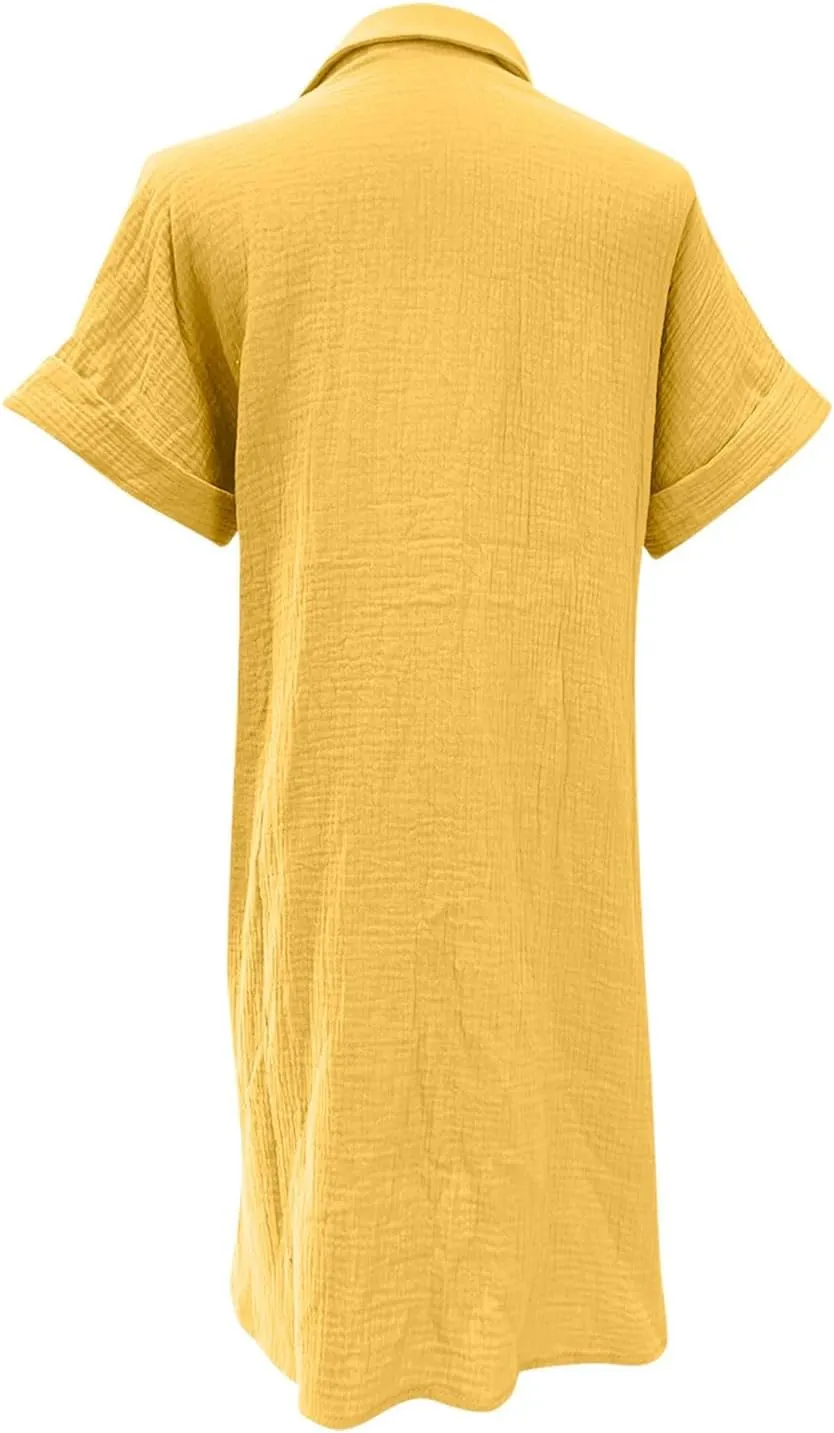 Women's Summer Cotton Shirt Dress Short Sleeves Button Down Knee Length Dresses Casual Loose Mini Dress with Pockets