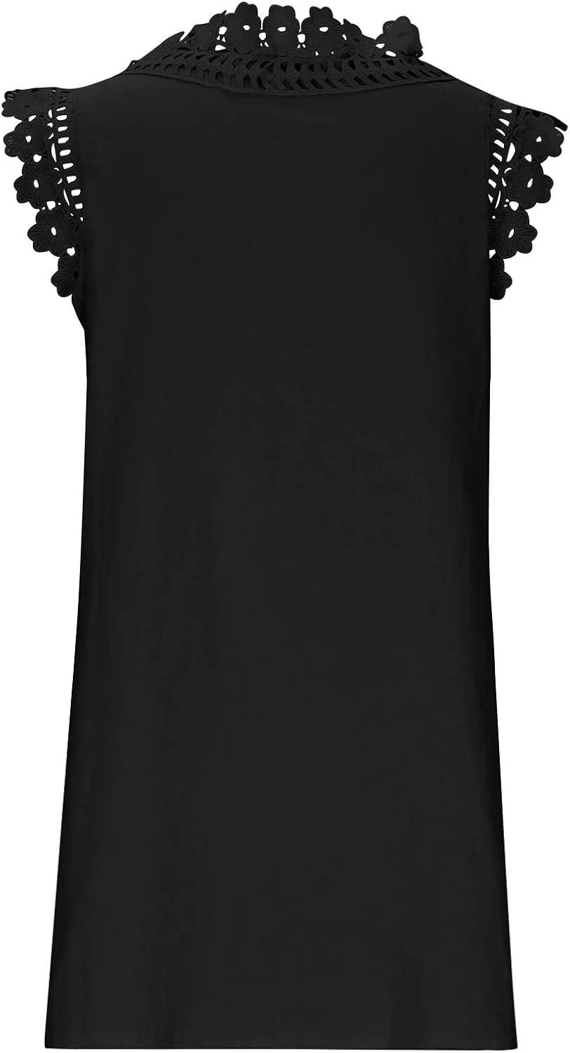 Womens Summer Dress Crochet Lace Sleeveless Ruffle Sleeve V Neck Mini Dress Casual Loose Tank Dresses Flowy Sundress