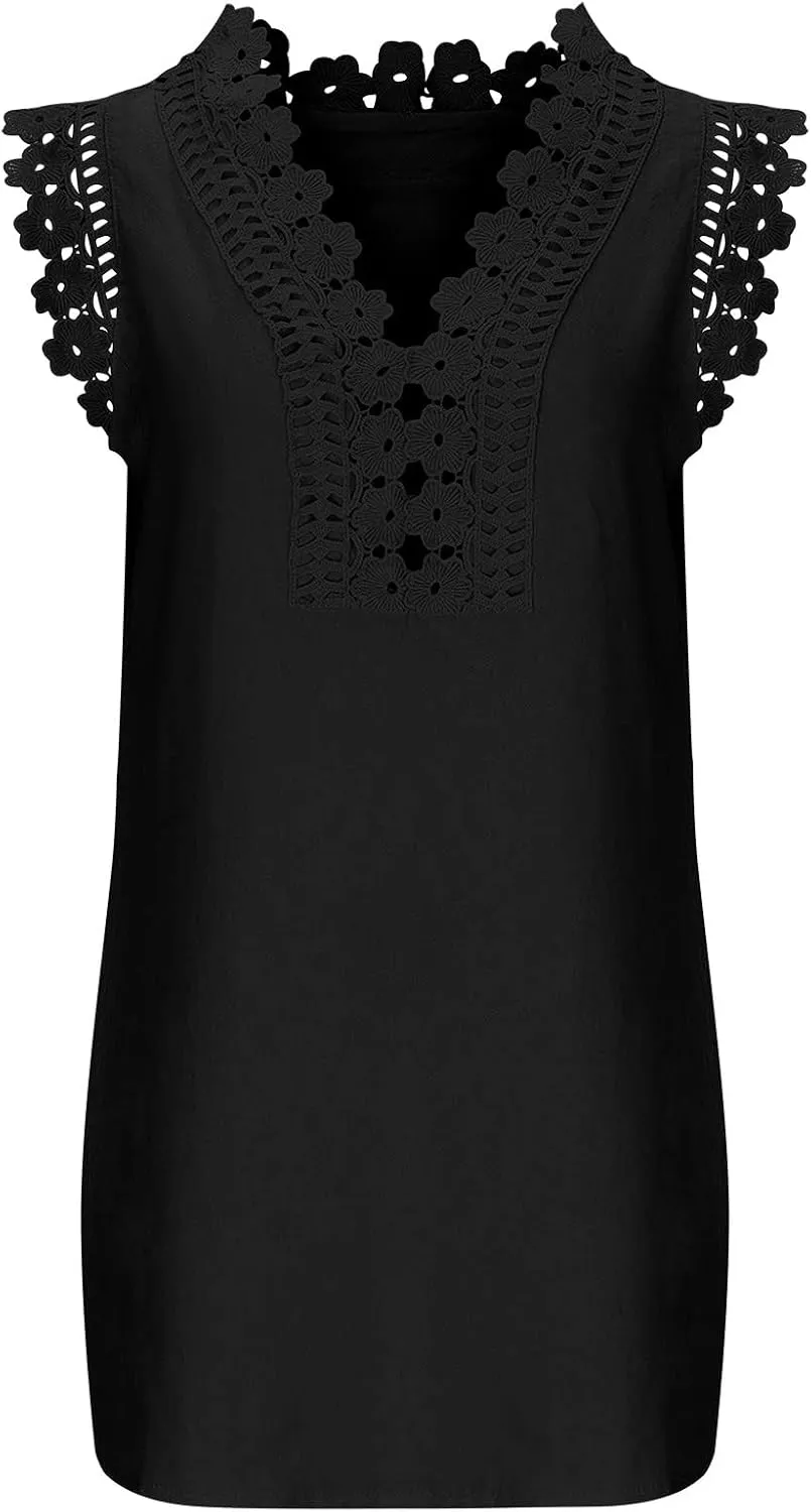 Womens Summer Dress Crochet Lace Sleeveless Ruffle Sleeve V Neck Mini Dress Casual Loose Tank Dresses Flowy Sundress