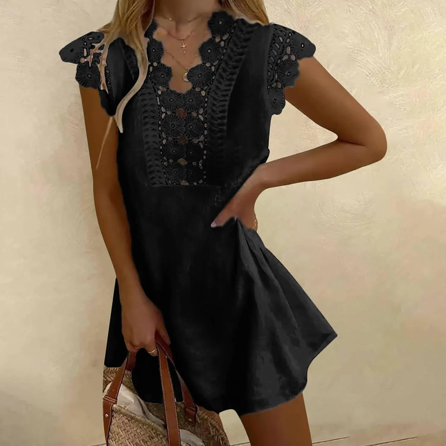 Womens Summer Dress Crochet Lace Sleeveless Ruffle Sleeve V Neck Mini Dress Casual Loose Tank Dresses Flowy Sundress