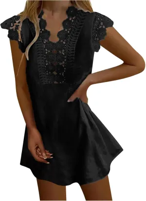 Womens Summer Dress Crochet Lace Sleeveless Ruffle Sleeve V Neck Mini Dress Casual Loose Tank Dresses Flowy Sundress
