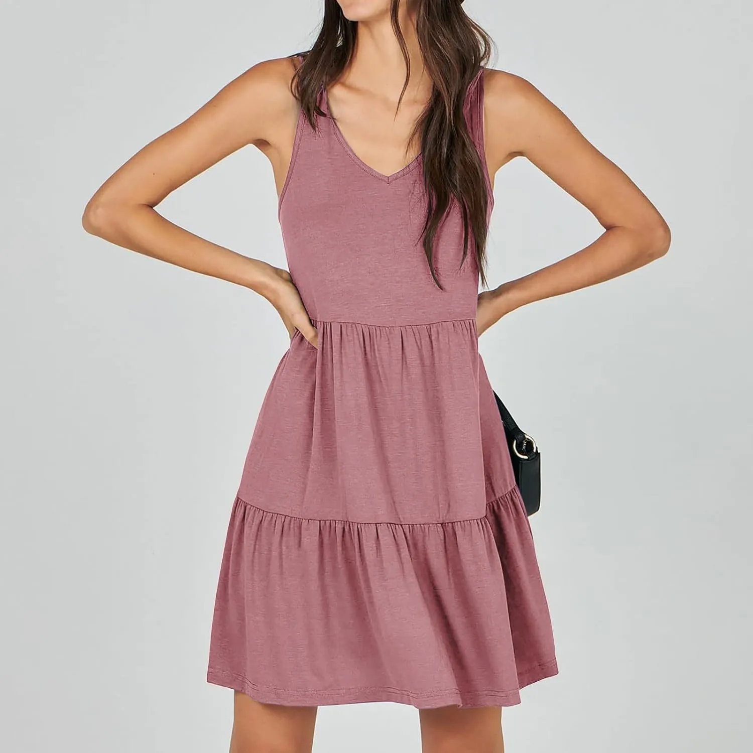 Womens Summer Dresses 2024 Sleeveless Smocked High Waist Ruffle Tiered Casual Swing Mini Dress Trendy Solid Sundress