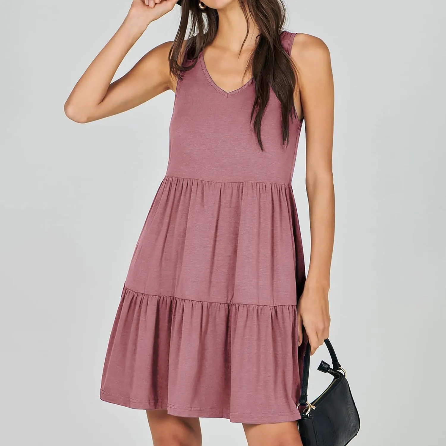 Womens Summer Dresses 2024 Sleeveless Smocked High Waist Ruffle Tiered Casual Swing Mini Dress Trendy Solid Sundress
