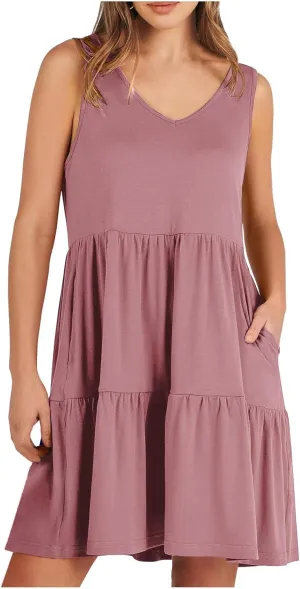 Womens Summer Dresses 2024 Sleeveless Smocked High Waist Ruffle Tiered Casual Swing Mini Dress Trendy Solid Sundress