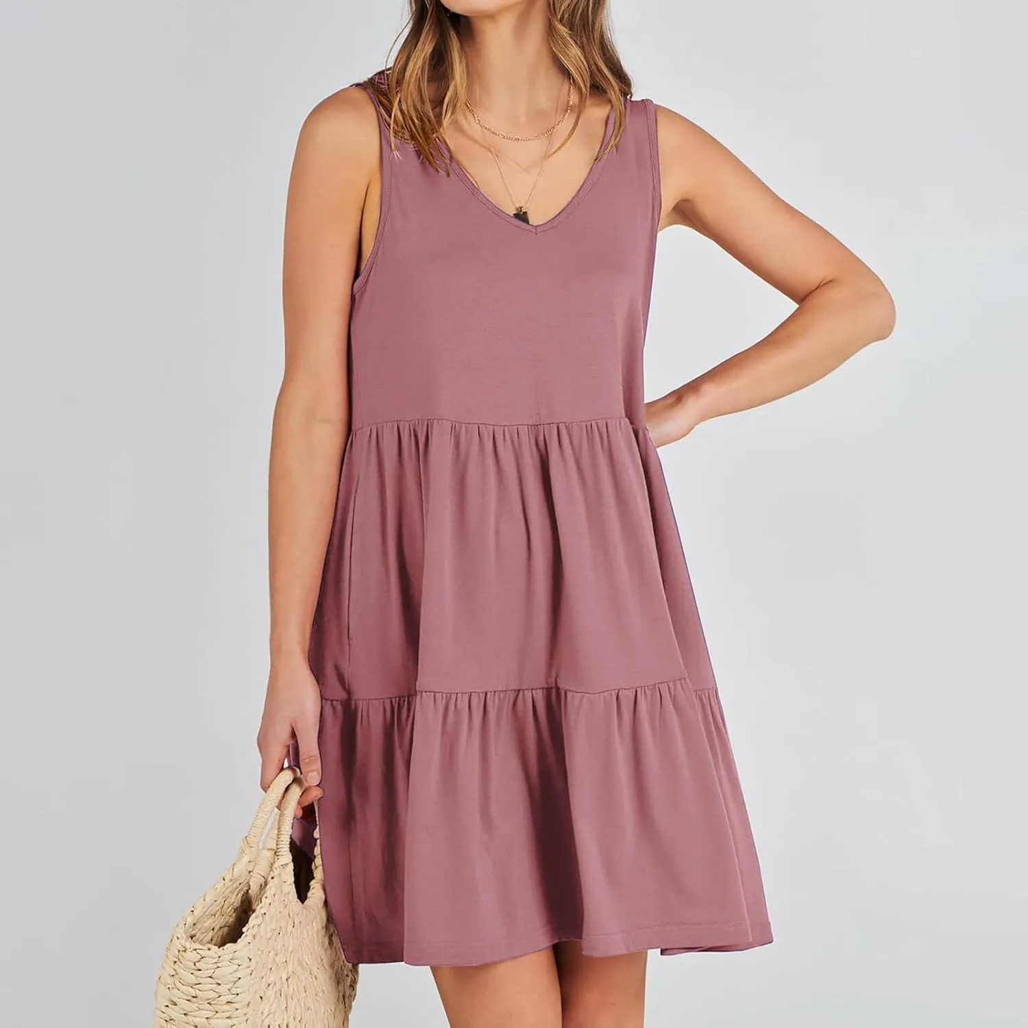 Womens Summer Dresses 2024 Sleeveless Smocked High Waist Ruffle Tiered Casual Swing Mini Dress Trendy Solid Sundress