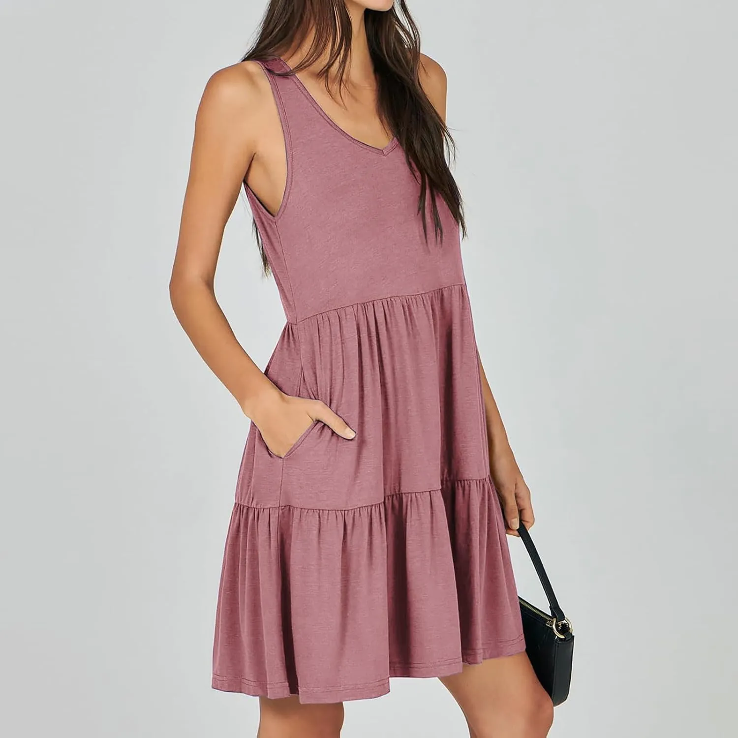 Womens Summer Dresses 2024 Sleeveless Smocked High Waist Ruffle Tiered Casual Swing Mini Dress Trendy Solid Sundress