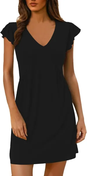 Women's Summer Dresses 2025 Beach Casual Deep V Neck Loose Sundress Ruffle Sleeve Mini Dress
