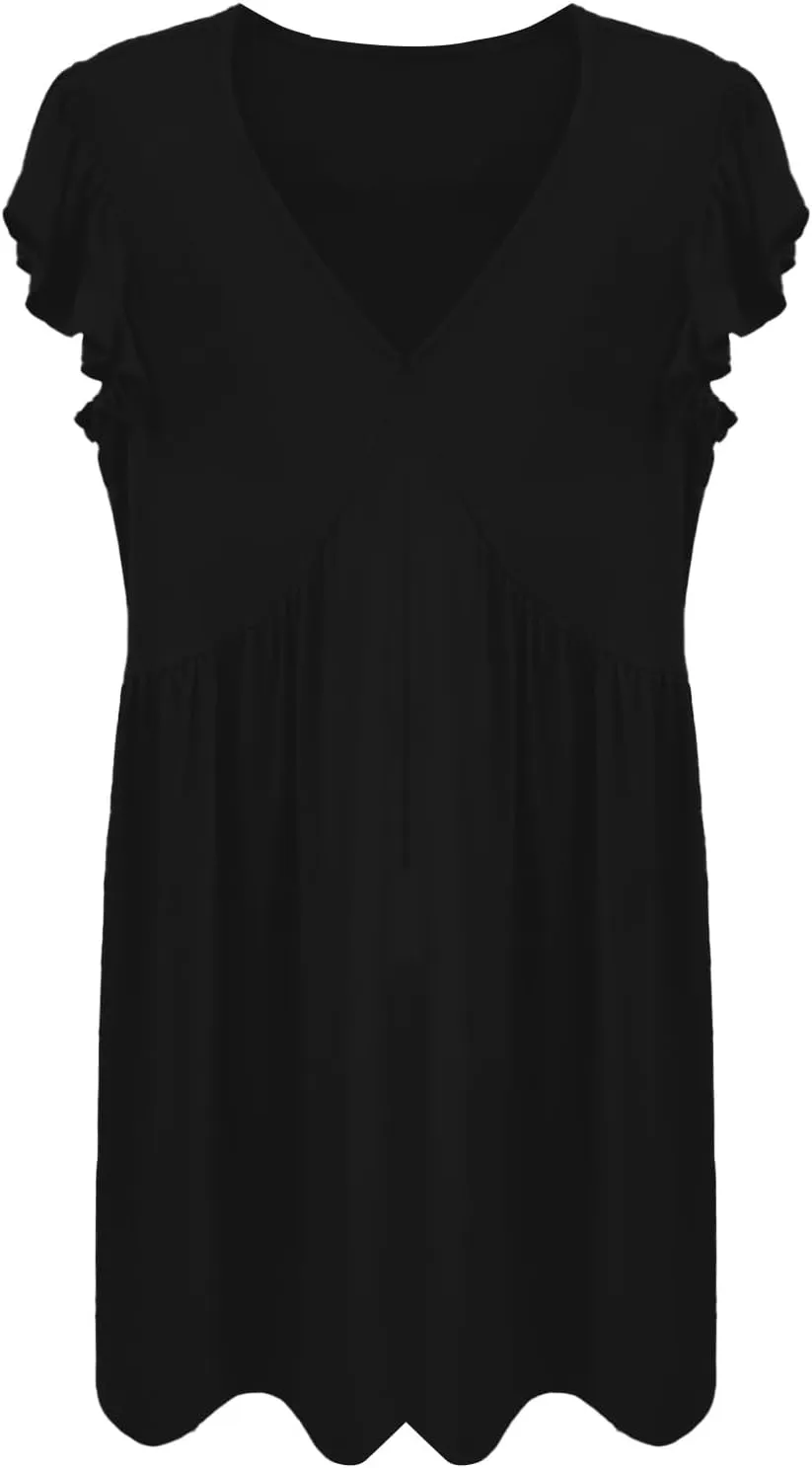 Women's Summer Dresses 2025 Beach Casual Deep V Neck Loose Sundress Ruffle Sleeve Mini Dress
