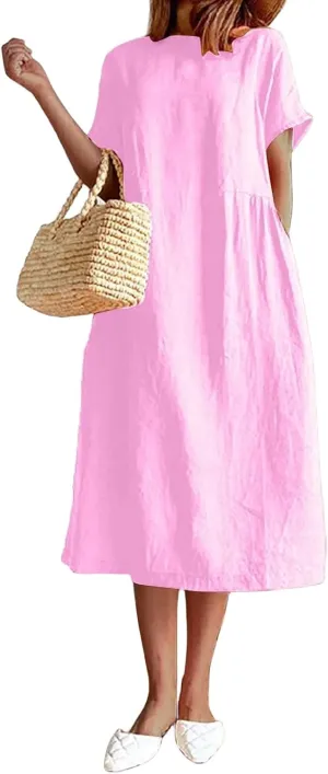 Women's Summer Dresses Casual Short Sleeve Cotton Linen Dress Solid Color Loose Beach T-Shirt Sundress with Pockets