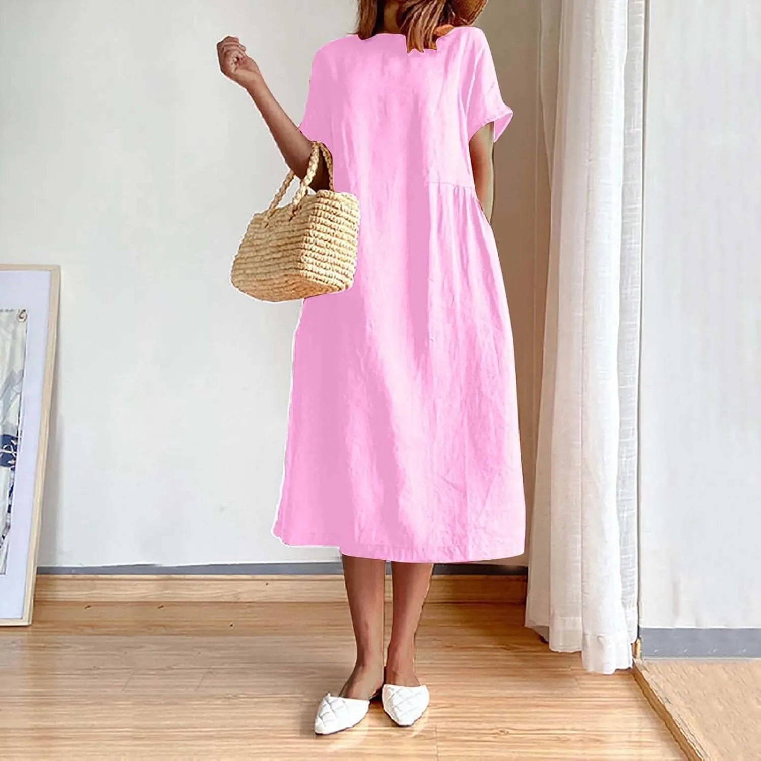 Women's Summer Dresses Casual Short Sleeve Cotton Linen Dress Solid Color Loose Beach T-Shirt Sundress with Pockets