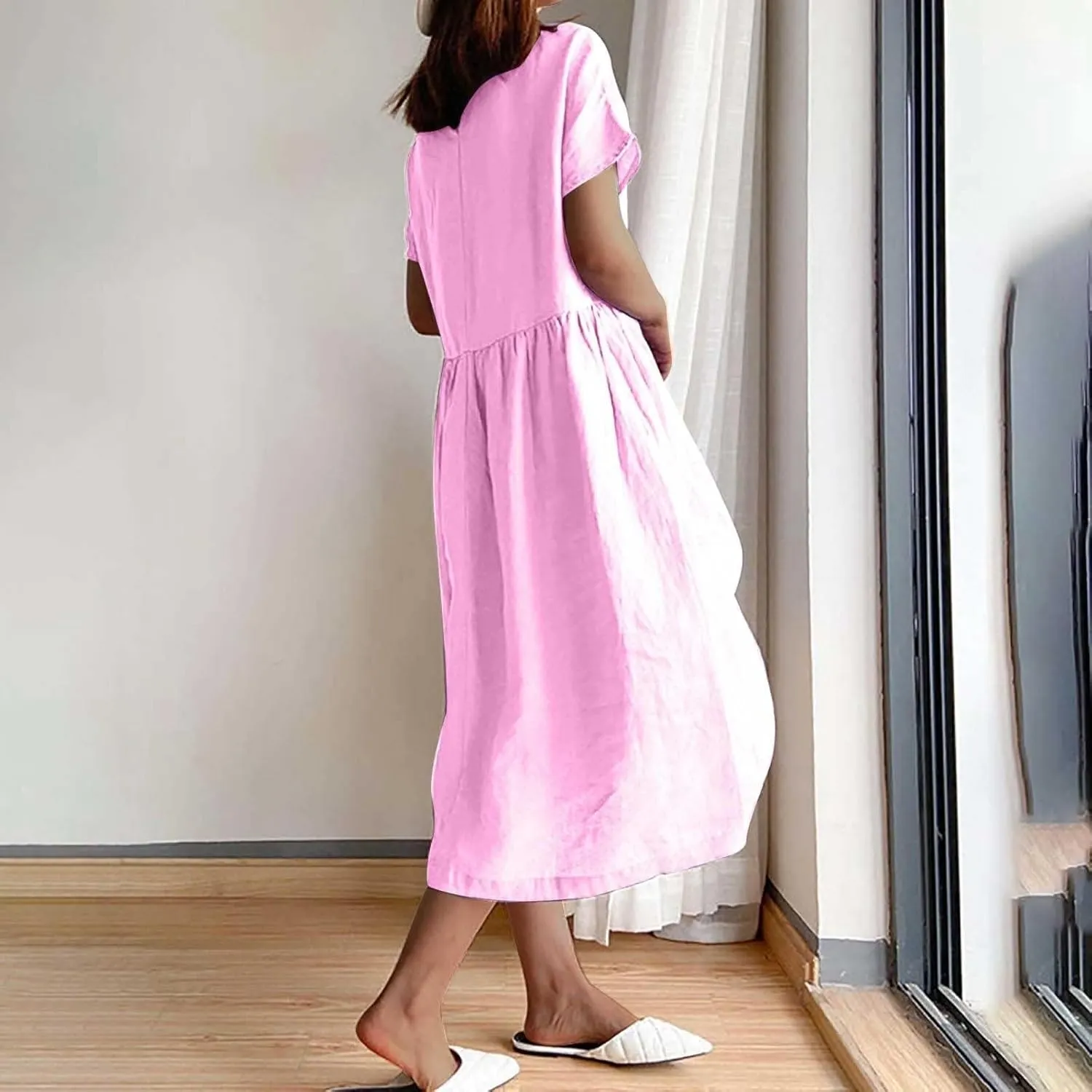 Women's Summer Dresses Casual Short Sleeve Cotton Linen Dress Solid Color Loose Beach T-Shirt Sundress with Pockets