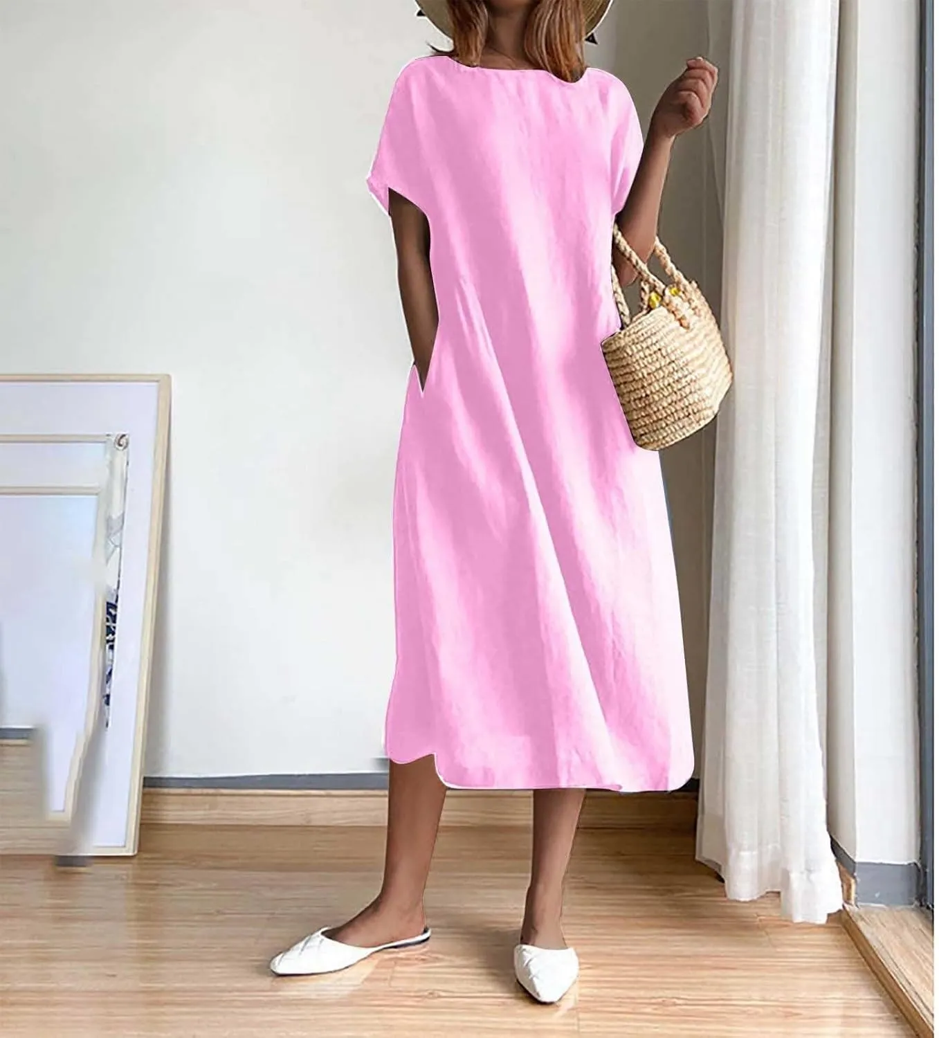 Women's Summer Dresses Casual Short Sleeve Cotton Linen Dress Solid Color Loose Beach T-Shirt Sundress with Pockets