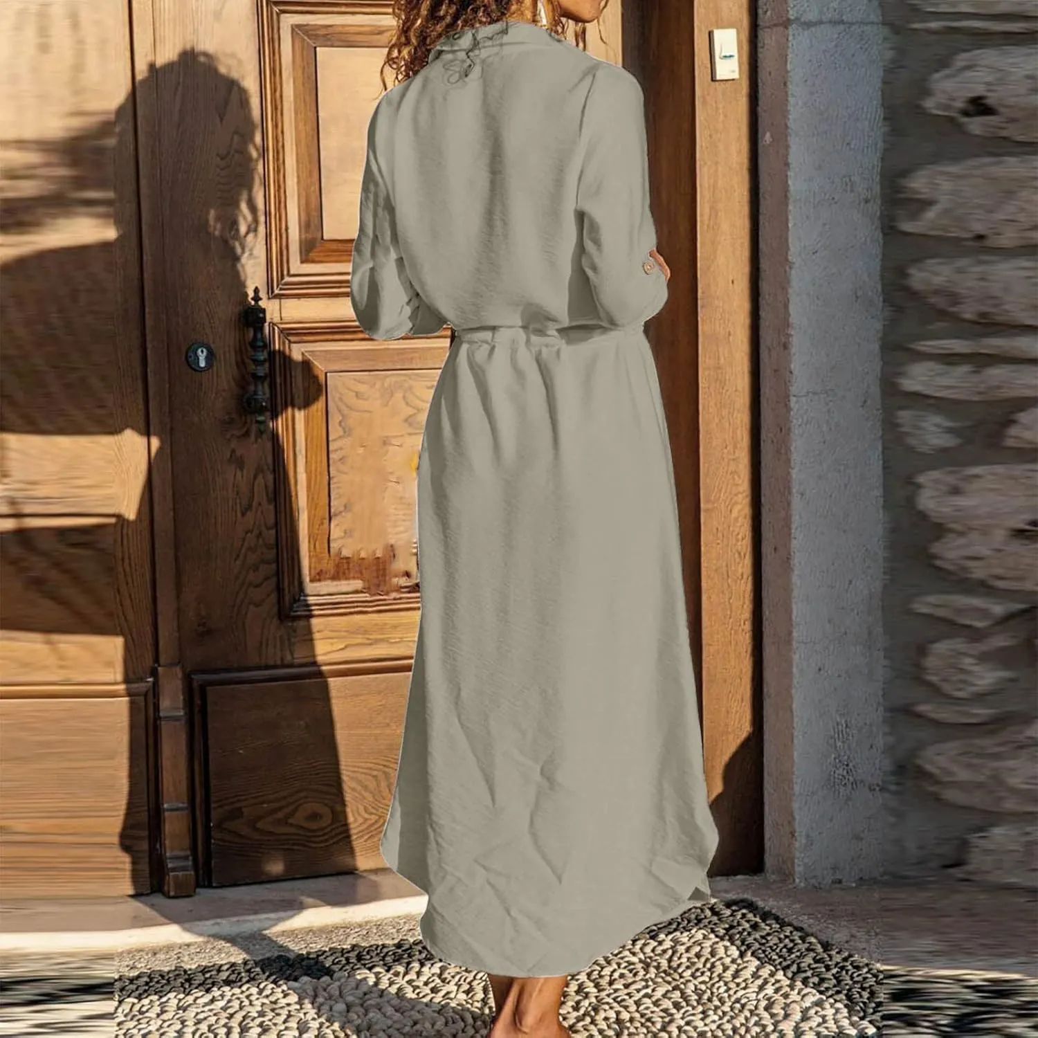 Women's Summer Dresses Cotton Linen Long Sleeve Button Down Casual Sundress Sexy Beach Maxi Shirt Dress with Pockets