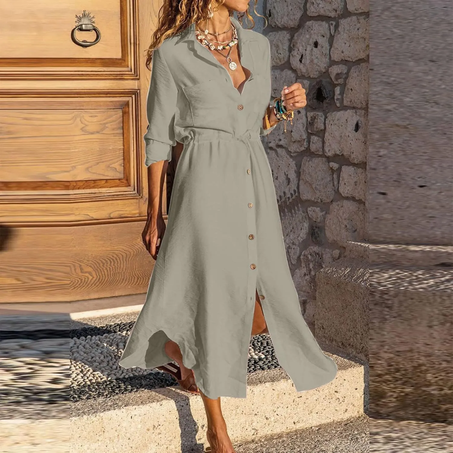 Women's Summer Dresses Cotton Linen Long Sleeve Button Down Casual Sundress Sexy Beach Maxi Shirt Dress with Pockets