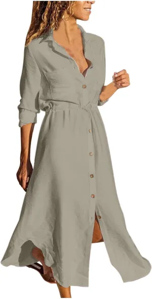 Women's Summer Dresses Cotton Linen Long Sleeve Button Down Casual Sundress Sexy Beach Maxi Shirt Dress with Pockets