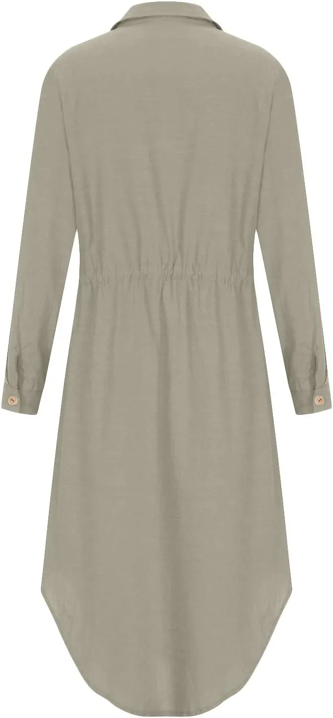 Women's Summer Dresses Cotton Linen Long Sleeve Button Down Casual Sundress Sexy Beach Maxi Shirt Dress with Pockets