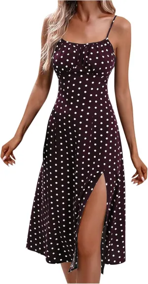 Womens Summer Dresses Empire Waist Polka Dots Spaghetti Strap Sundress Side Split Wedding Guest A-Line Midi Dress