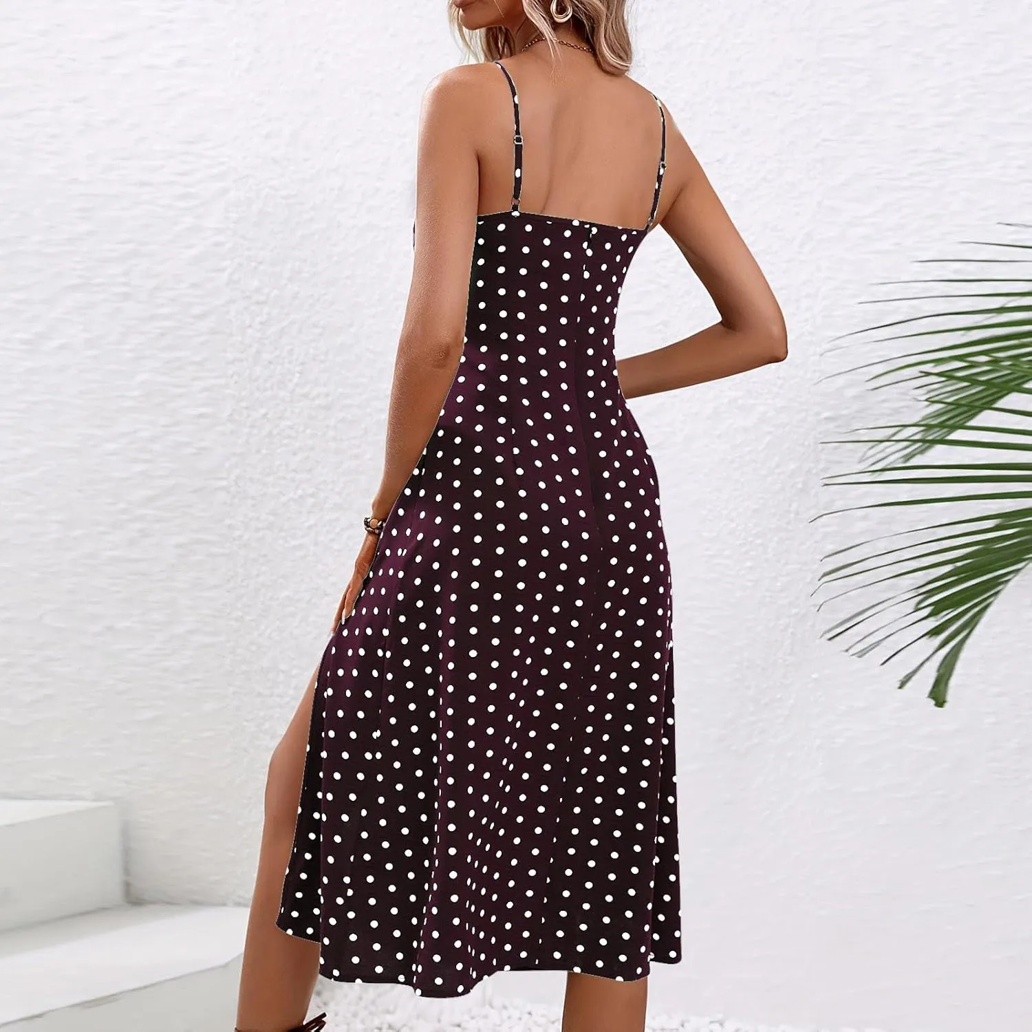 Womens Summer Dresses Empire Waist Polka Dots Spaghetti Strap Sundress Side Split Wedding Guest A-Line Midi Dress