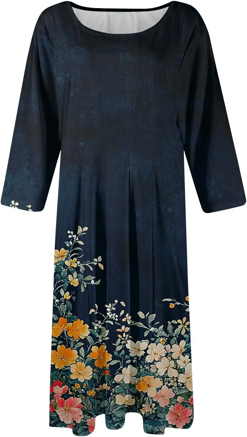 Womens Summer Dresses Summer Floral Beach Tshirt Dress Aline Casual Midi Dresses Flowy 3/4 Sleeve Dress with Pockets