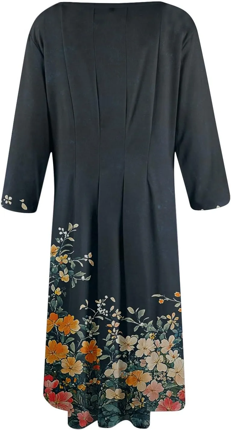 Womens Summer Dresses Summer Floral Beach Tshirt Dress Aline Casual Midi Dresses Flowy 3/4 Sleeve Dress with Pockets