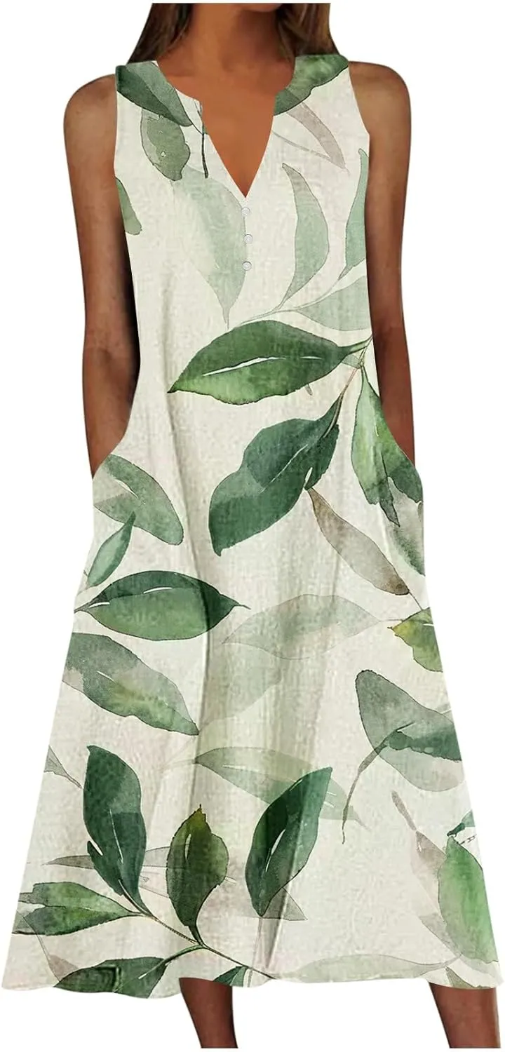 Women's Summer Floral Casual Dress Plus Size Midi Sundress Sleeveless Henley V-Neck Long Tank Dresses with Pockets