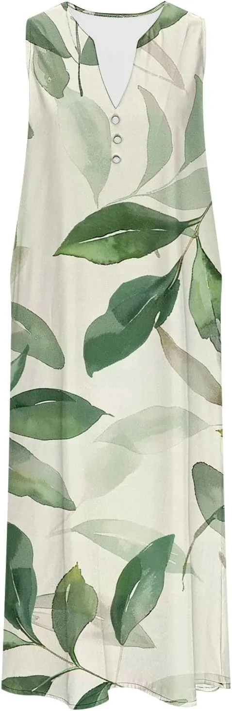 Women's Summer Floral Casual Dress Plus Size Midi Sundress Sleeveless Henley V-Neck Long Tank Dresses with Pockets