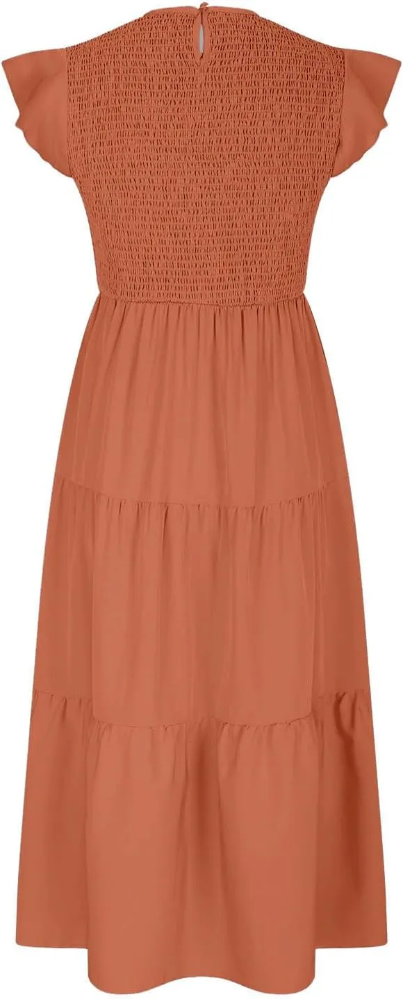 Women's Summer Flowy Midi Dress Casual Cap Sleeve Crew Neck Smocked Beach Dress High Waist Tiered A-Line Sundress