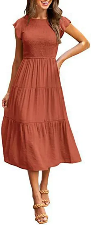Women's Summer Flowy Midi Dress Casual Cap Sleeve Crew Neck Smocked Beach Dress High Waist Tiered A-Line Sundress