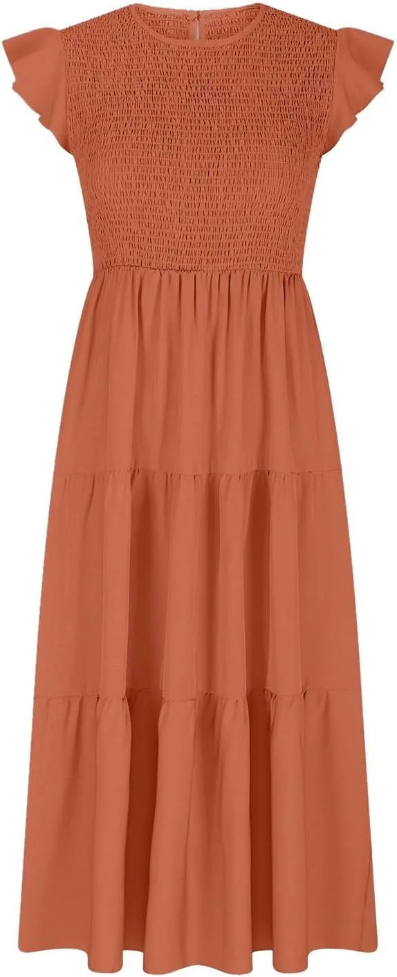 Women's Summer Flowy Midi Dress Casual Cap Sleeve Crew Neck Smocked Beach Dress High Waist Tiered A-Line Sundress