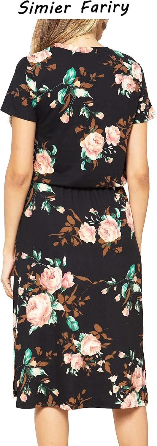 Womens Summer Hide Belly Knee Length Travel Dress Pocket 2025 Spring Short Sleeve Midi Work Casual Teacher Outfits
