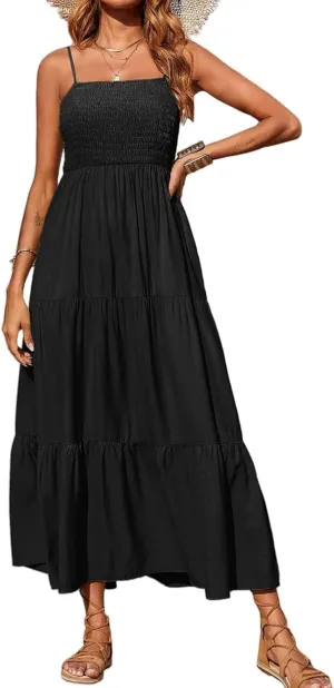 Women's Summer Maxi Dress Square Neck Spaghetti Straps Smocked Casual Beach Sundresses Flowy Tiered Long Dress