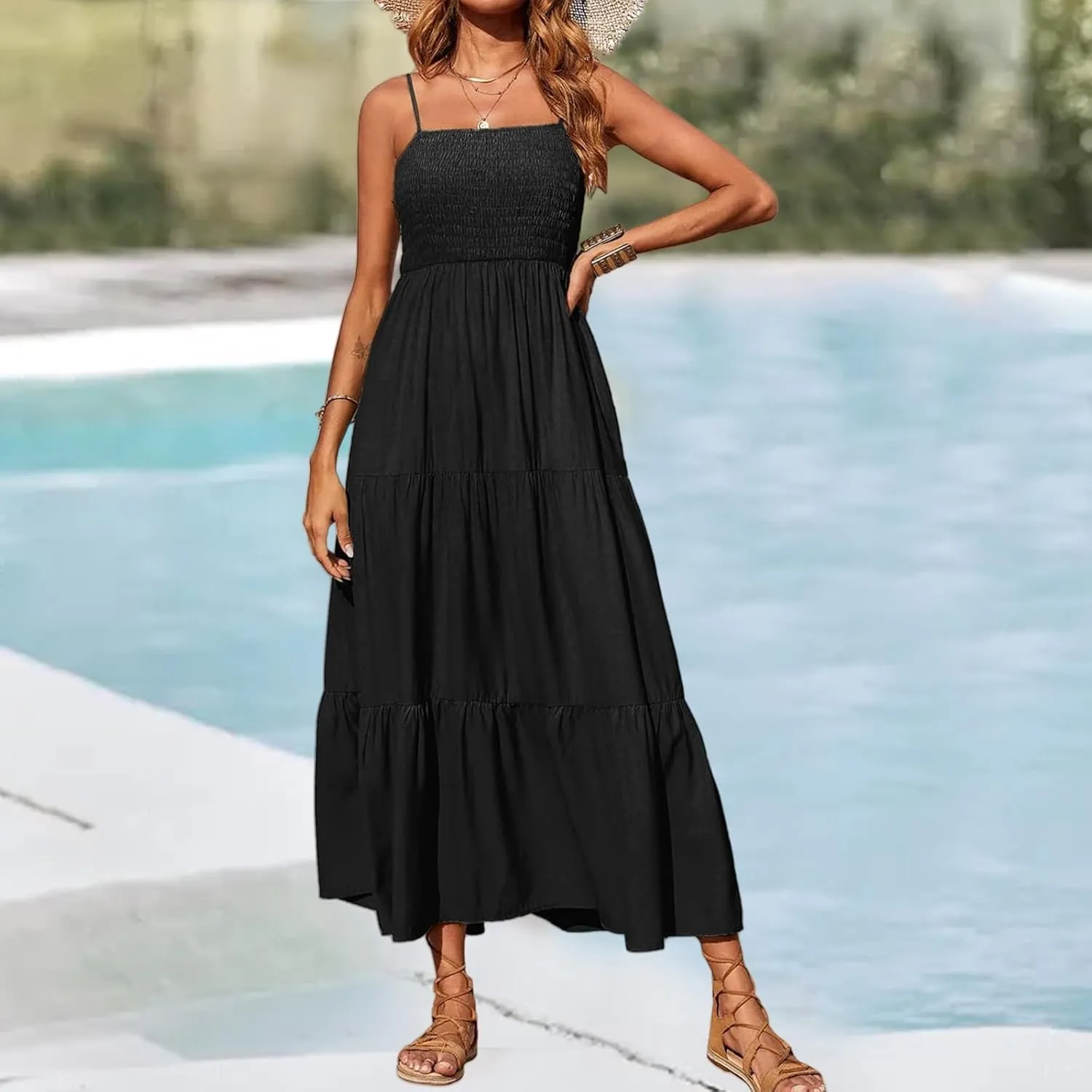 Women's Summer Maxi Dress Square Neck Spaghetti Straps Smocked Casual Beach Sundresses Flowy Tiered Long Dress