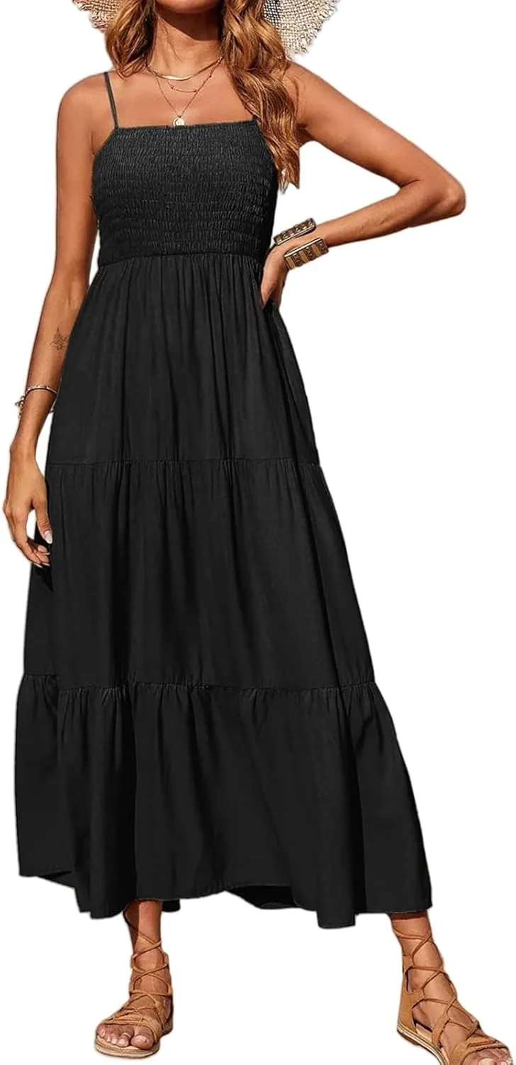 Women's Summer Maxi Dress Square Neck Spaghetti Straps Smocked Casual Beach Sundresses Flowy Tiered Long Dress