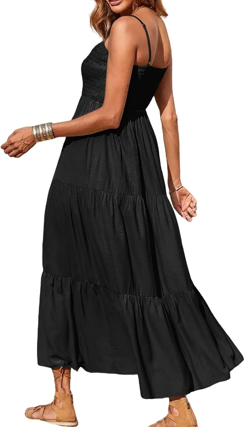 Women's Summer Maxi Dress Square Neck Spaghetti Straps Smocked Casual Beach Sundresses Flowy Tiered Long Dress