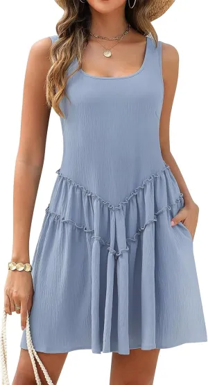 Womens Summer Mini Dress Casual U Neck Sleevelss Strap Dresses Flowy Loose Fit Ruffle Hem Vacation Beach Sundress