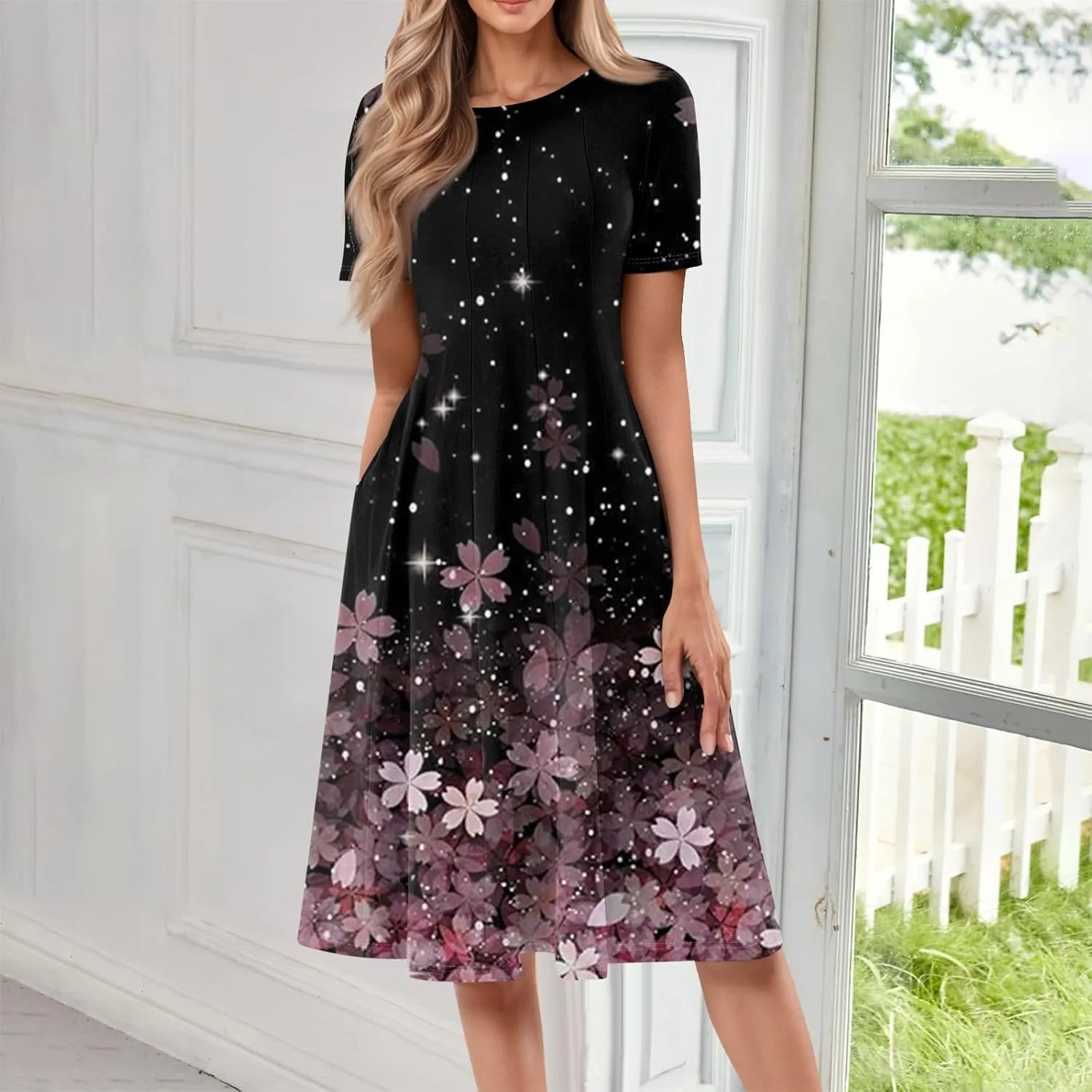 Womens Summer Short Sleeve Midi Dresses Casual Floral A-Line Dress Flowy Beach Vacation Sundress with Pocket