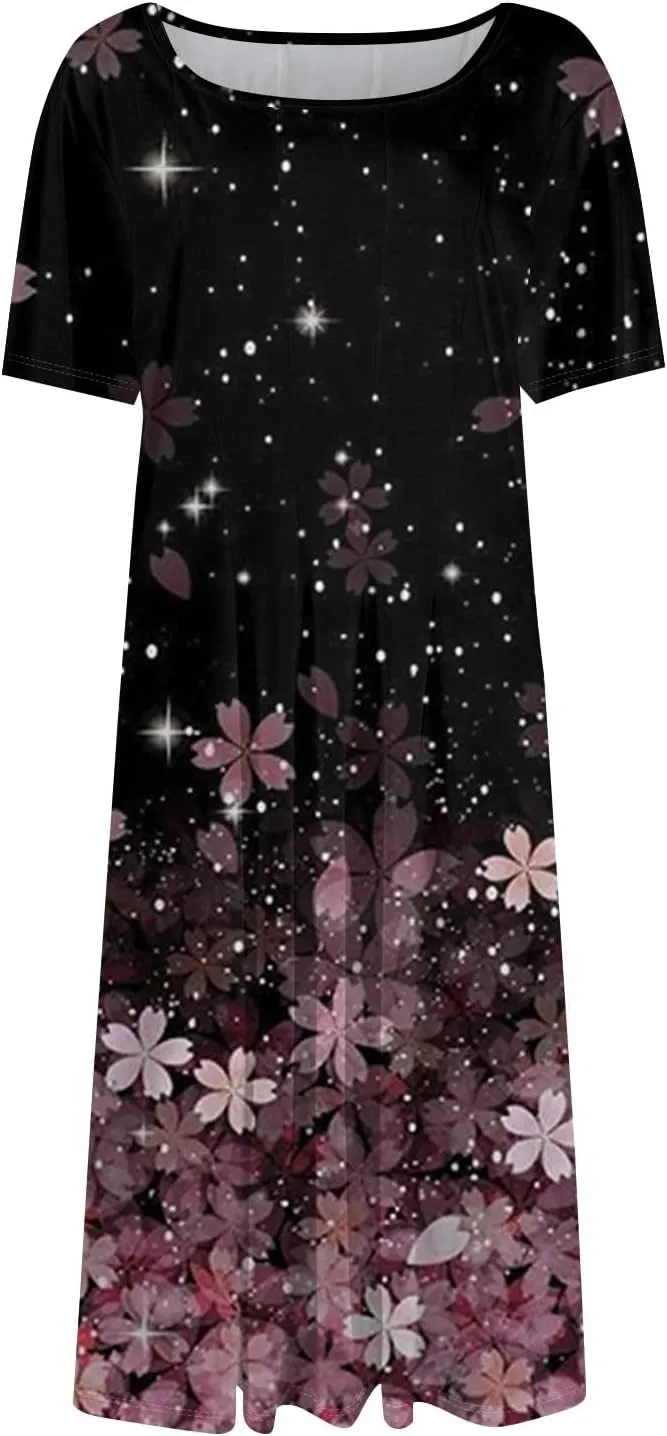 Womens Summer Short Sleeve Midi Dresses Casual Floral A-Line Dress Flowy Beach Vacation Sundress with Pocket