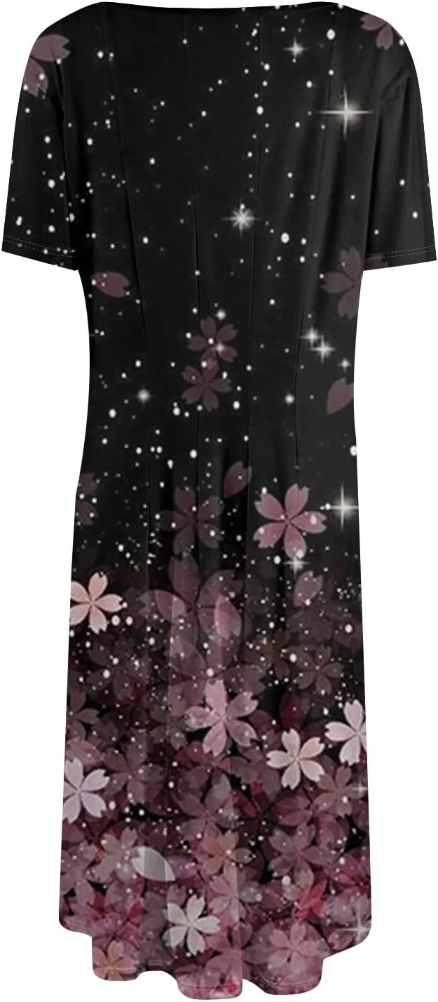 Womens Summer Short Sleeve Midi Dresses Casual Floral A-Line Dress Flowy Beach Vacation Sundress with Pocket