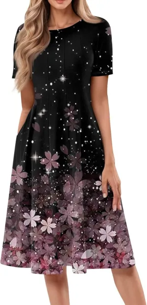 Womens Summer Short Sleeve Midi Dresses Casual Floral A-Line Dress Flowy Beach Vacation Sundress with Pocket