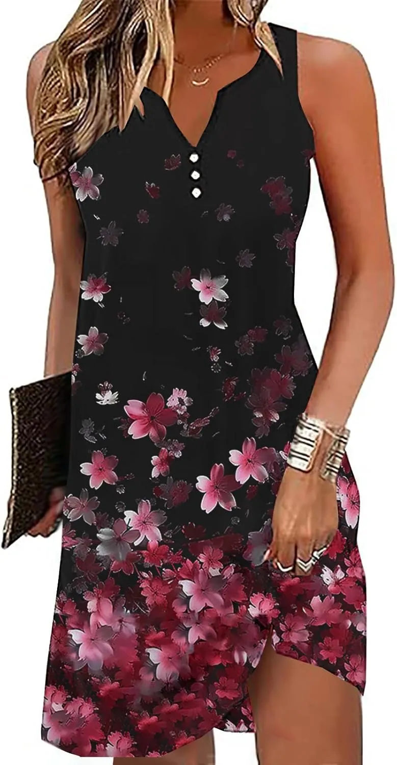 Womens Summer Tank Dress 2025 Casual Button Down V Neck Sleeveless Beach Boho Dresses A-Line Flowy Sundress