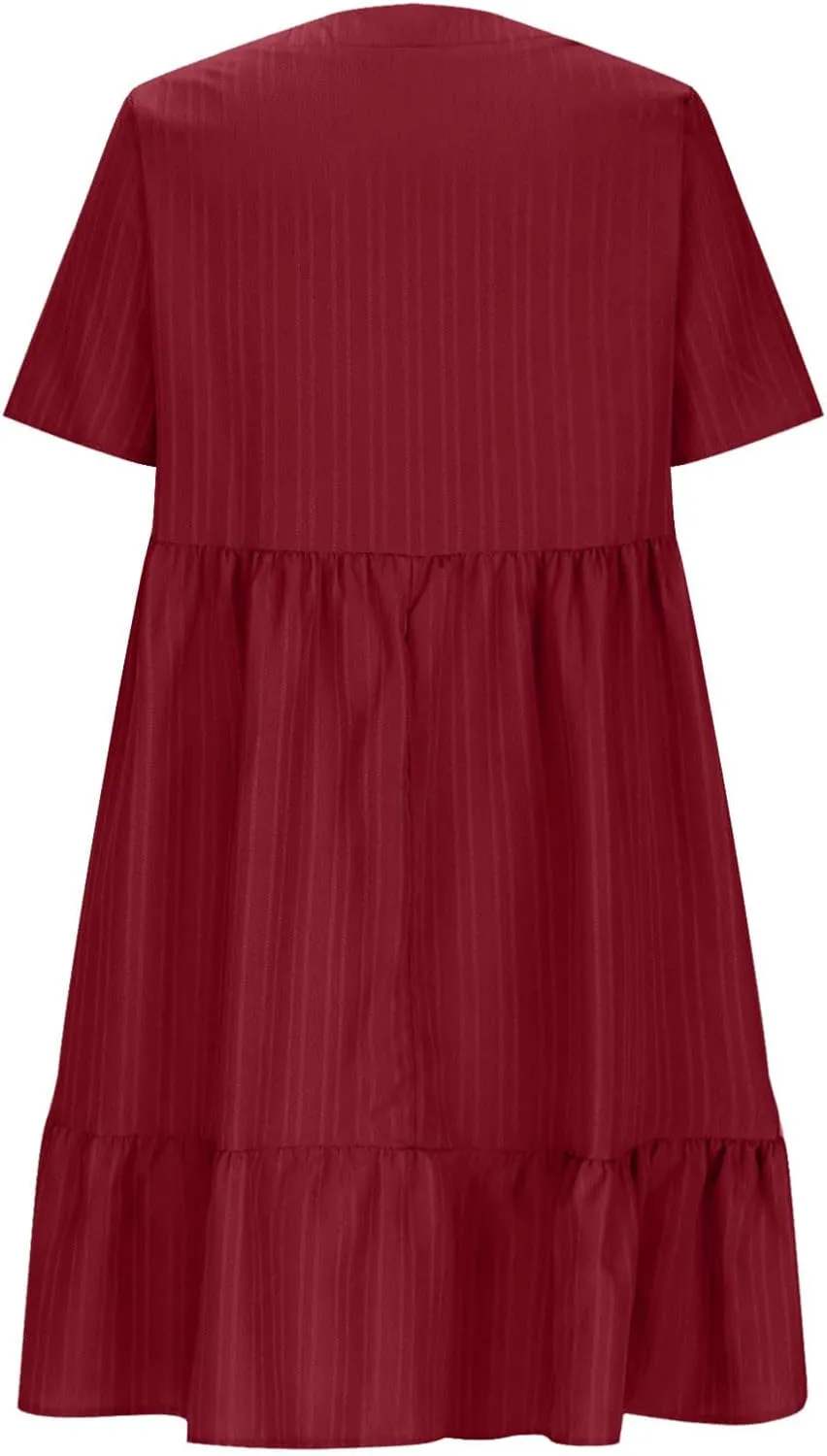 Women's Summer V Neck Dress Short Sleeve Casual Loose Ruffle Hem Dresses Trendy Ruched Solid Color Beach Mini Dress
