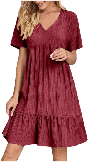 Women's Summer V Neck Dress Short Sleeve Casual Loose Ruffle Hem Dresses Trendy Ruched Solid Color Beach Mini Dress
