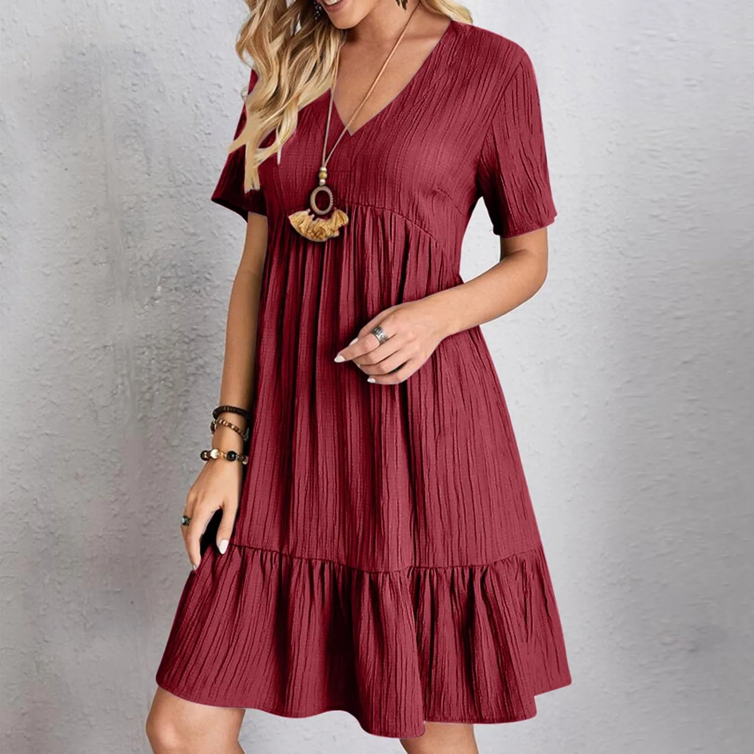 Women's Summer V Neck Dress Short Sleeve Casual Loose Ruffle Hem Dresses Trendy Ruched Solid Color Beach Mini Dress