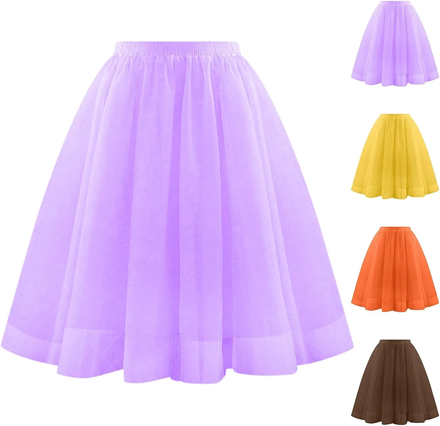 Womens Tulle Skirts Midi Elastic High Waist Pleated Mesh Flowy A-Line Party Long Tutu Skirts Party Prom Underskirt
