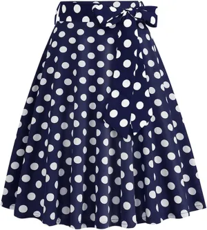 Women's Vintage Bow Skirts Polka Dot Prom Party Skirt High Waist A-Line Pleated Knee Length Midi Skirts