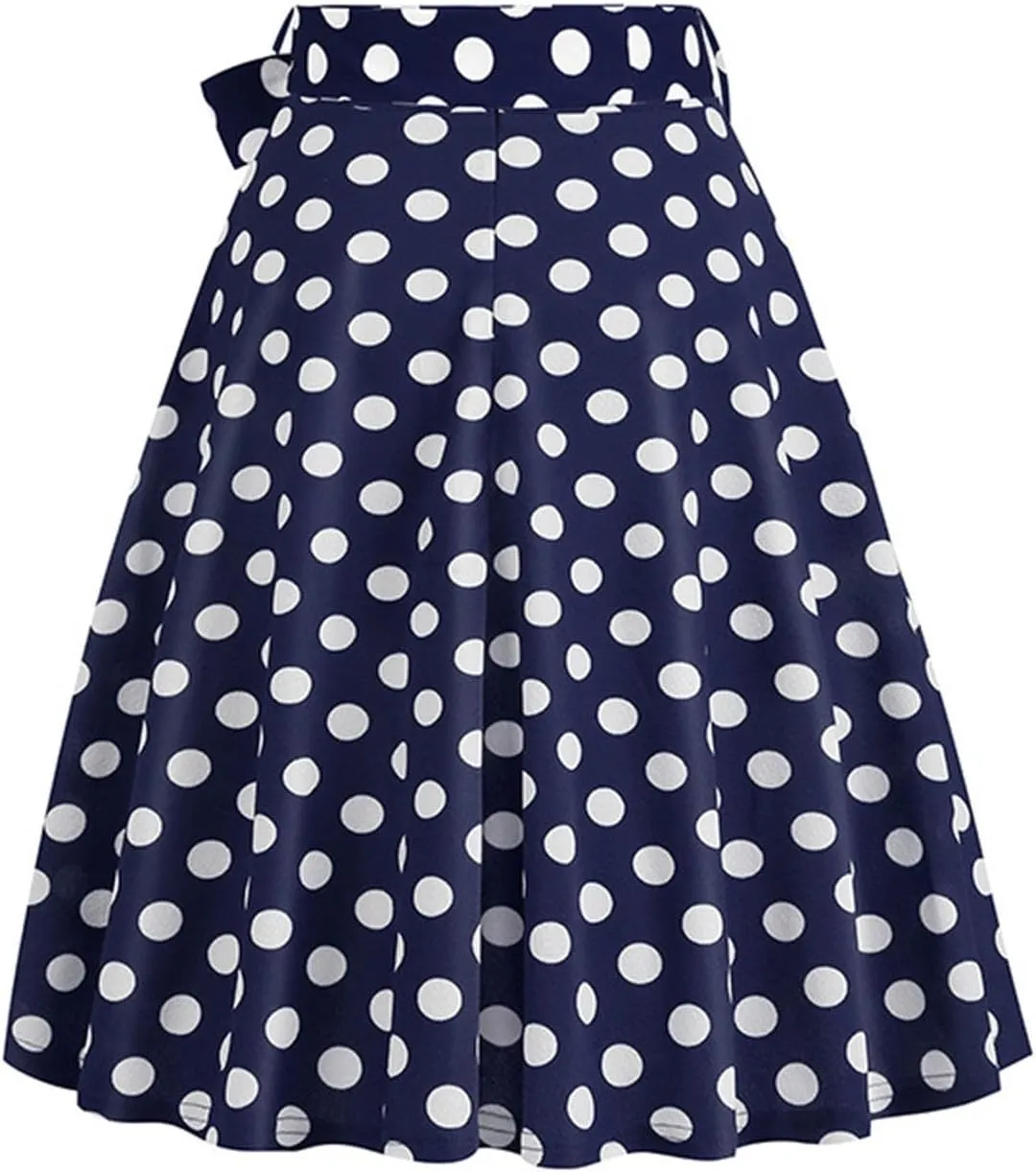 Women's Vintage Bow Skirts Polka Dot Prom Party Skirt High Waist A-Line Pleated Knee Length Midi Skirts