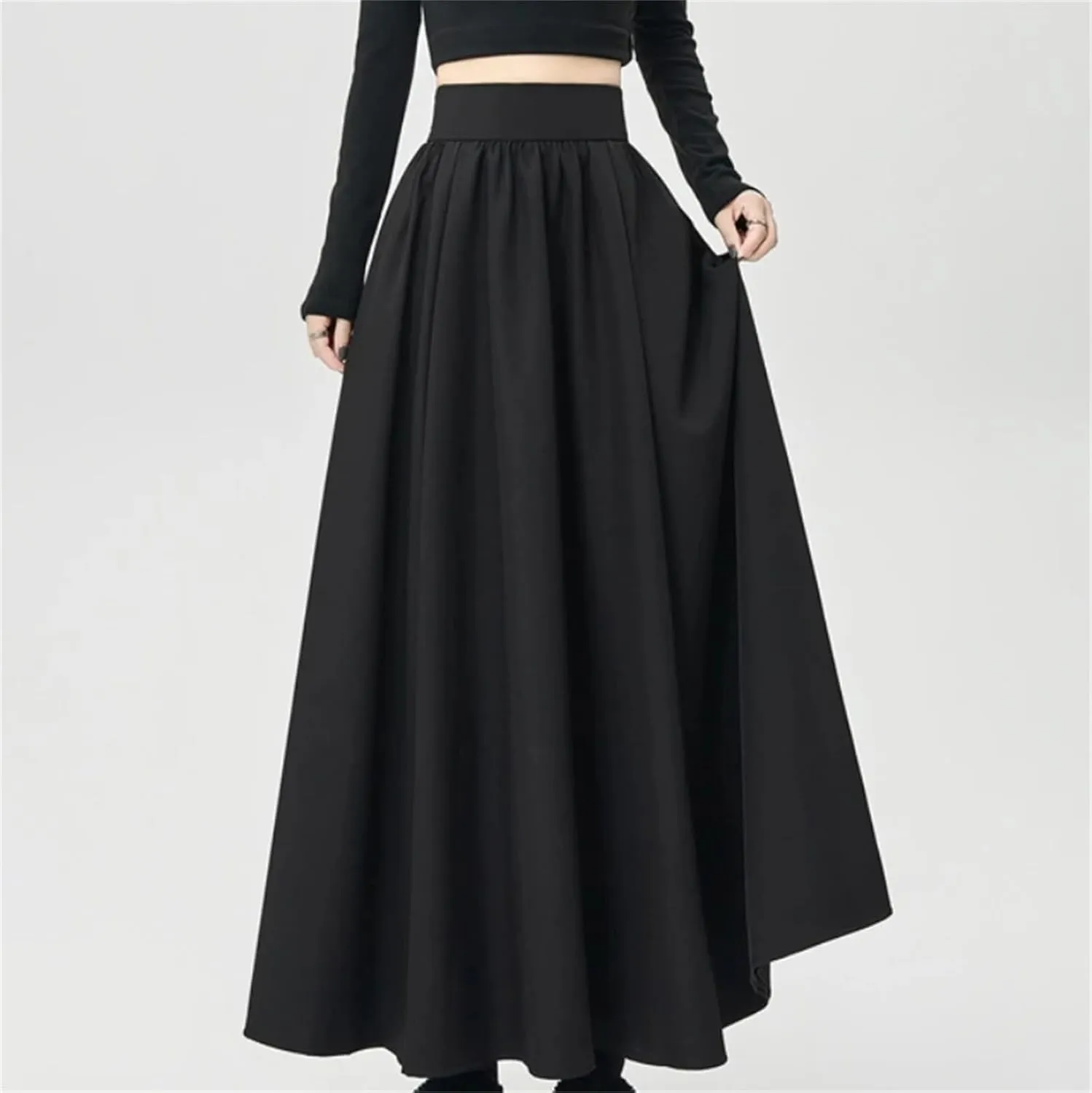 Women's Vintage High Waist Ruffle Pleated Midi Skirt - Office Lady Suit Skirt Elastic Waist for Work Casual