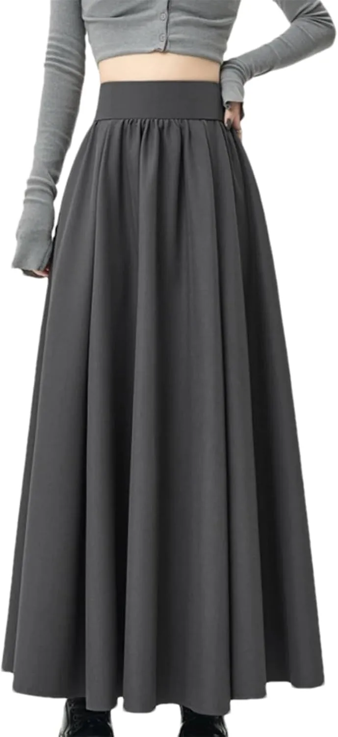 Women's Vintage High Waist Ruffle Pleated Midi Skirt - Office Lady Suit Skirt Elastic Waist for Work Casual