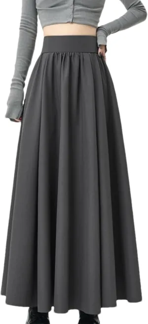 Women's Vintage High Waist Ruffle Pleated Midi Skirt - Office Lady Suit Skirt Elastic Waist for Work Casual